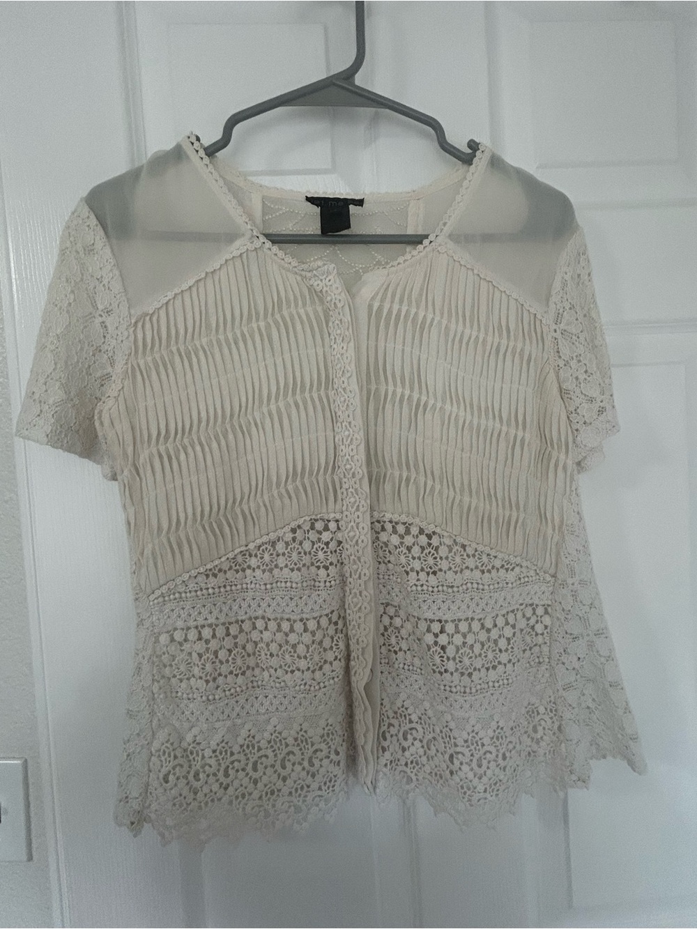 Ivory Lace & Pleated Short Sleeve Blouse - Delicate Feminine Layer